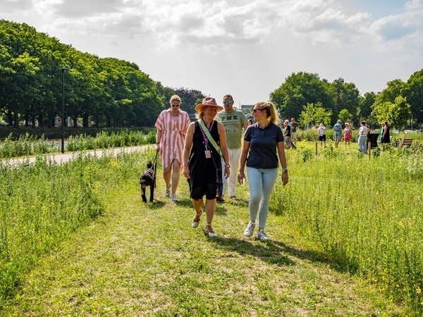 Wandelende mensen in een open veld